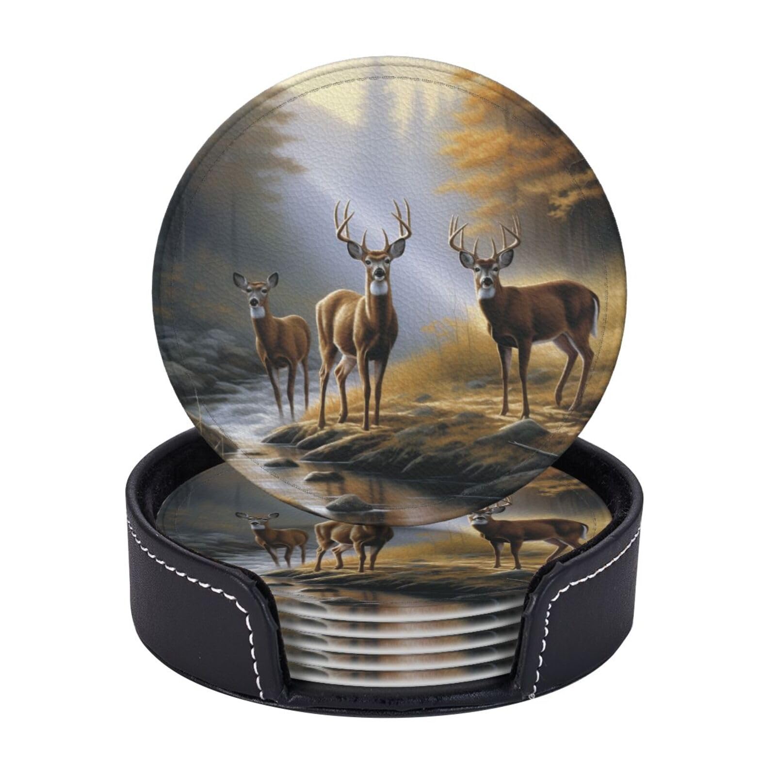 Animal World Wildlife River Edge Deers Drinks Coasters With Holder, Suitable For Kinds Of Cups, Set Of 6