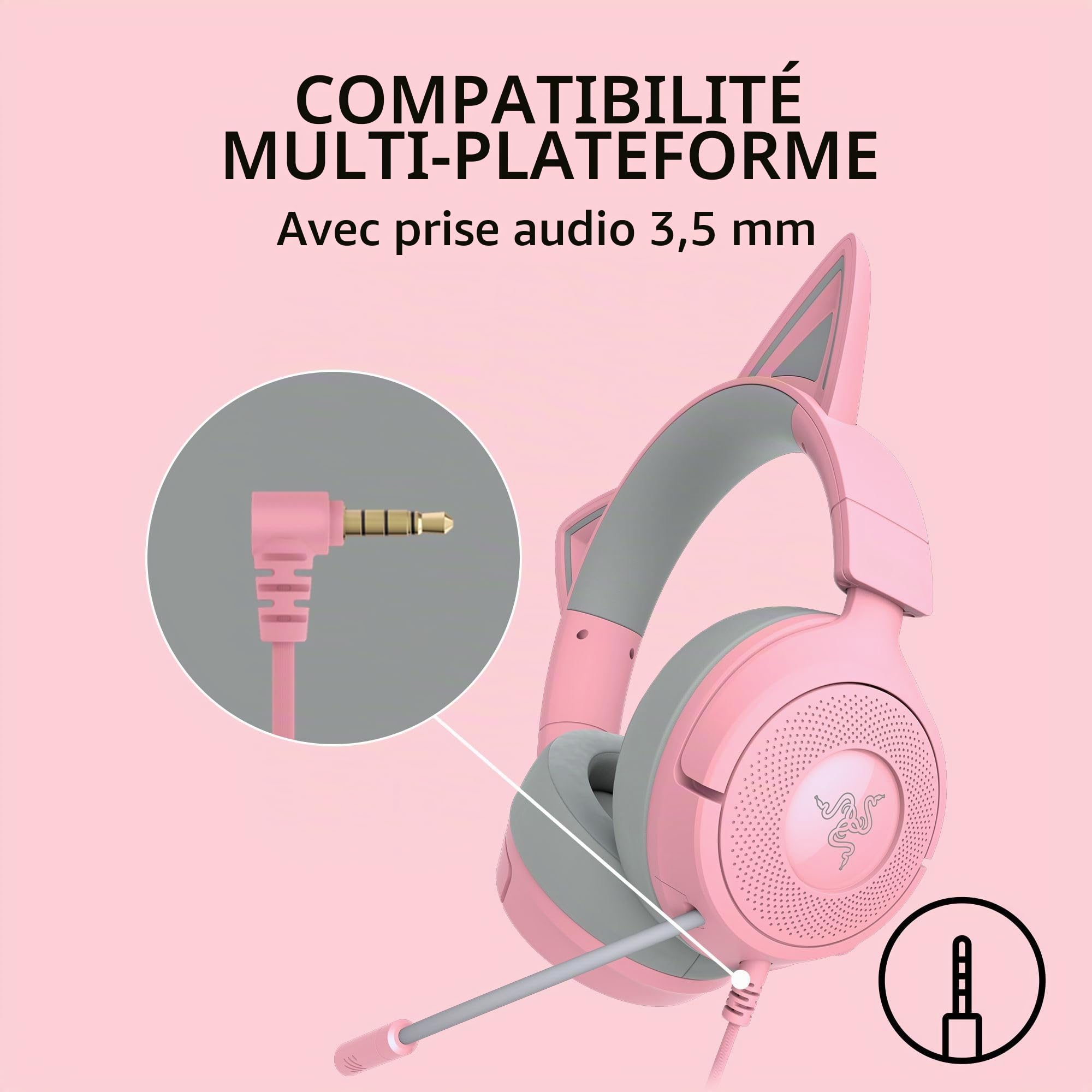 Razer Kraken Kitty V3 X Casque de jeu filaire : Oreilles de chat - Micro cardioïde HyperClear - Pilotes de 40 mm - Son Surround 7.1 - Coussinets d’oreille confortables - Multiplateforme via 3,5 mm PC