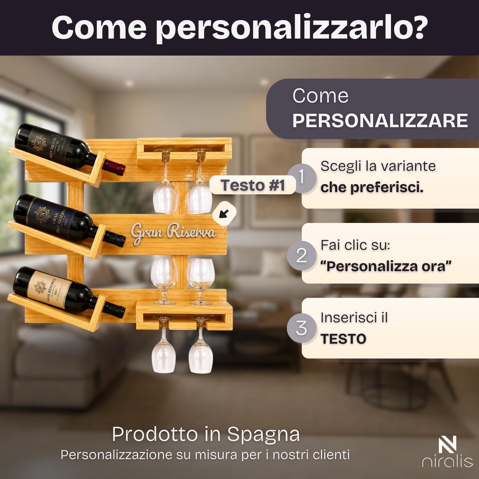 Portabottiglie da Parete in Legno - NIRALIS - Scaffale porta 3 bottiglie e 6 calici personalizzabile con lettere in rilievo, mobile bar soggiorno già montato - 60 x 50 cm (Legno naturale)
