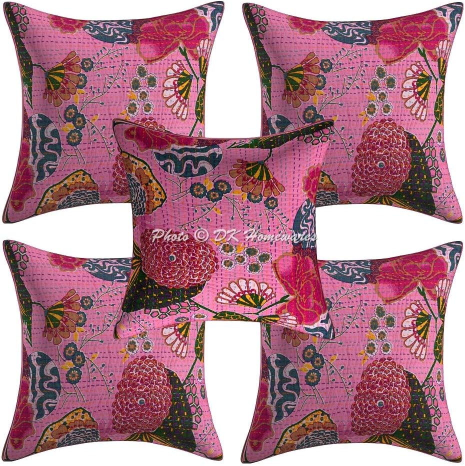 Bohemian Decorative Accent Throw Pillowcases 16 x 16 Inch Cotton Kantha Tropicana Indian Square Sofa Cushion Covers (Size - 40x40 cm ; Color: Baby Pink) - Set of 5 Pcs (Cover Only)