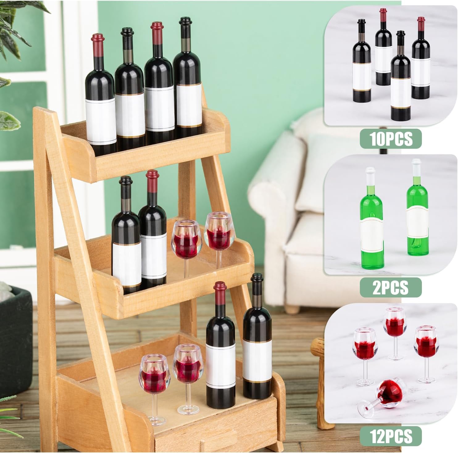 24 Pcs Mini Wine Bottles, 1:12 Scale Miniature Red Wine Bottles and Goblets - Image 2