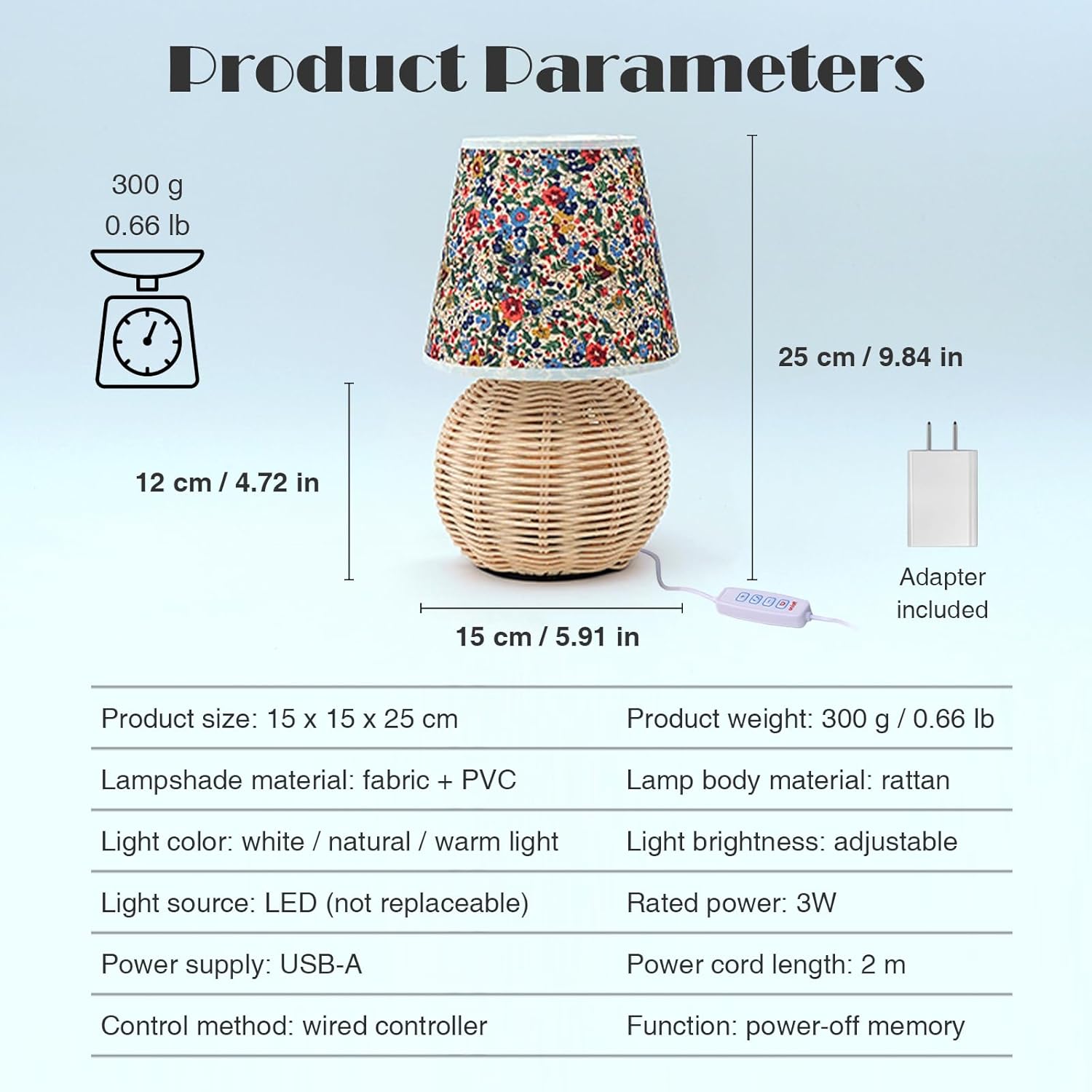Vintage Small Wicker Lamp, Rattan Body Fabric Lampshade, Adjustable Light Color and Brightness with Power-Off Memory, Safe USB Powered, Boho Style Night Light for Bedroom Living Room (Floral)