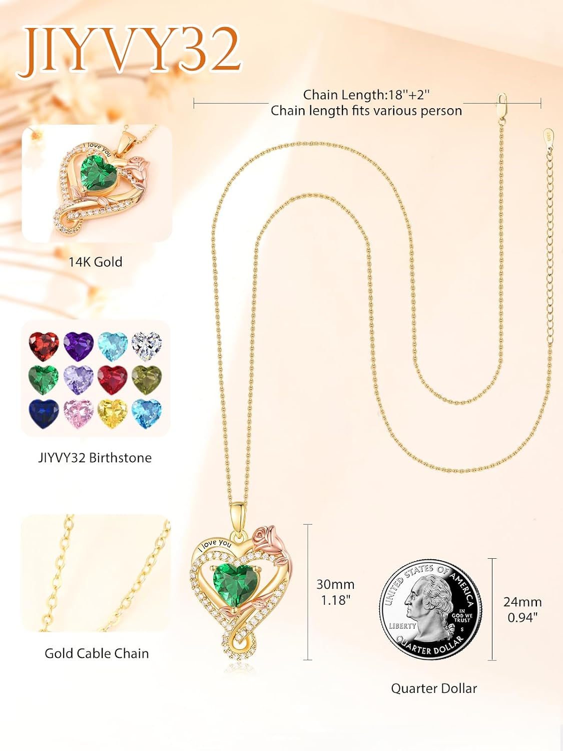 14K Gold Infinity Rose Heart Birthstone Necklace for Women,I Love You Jewelry with Birthstone Pendant,Valentines Anniversary Birthday Gifts for Her Wife Mom Grandma Daughter