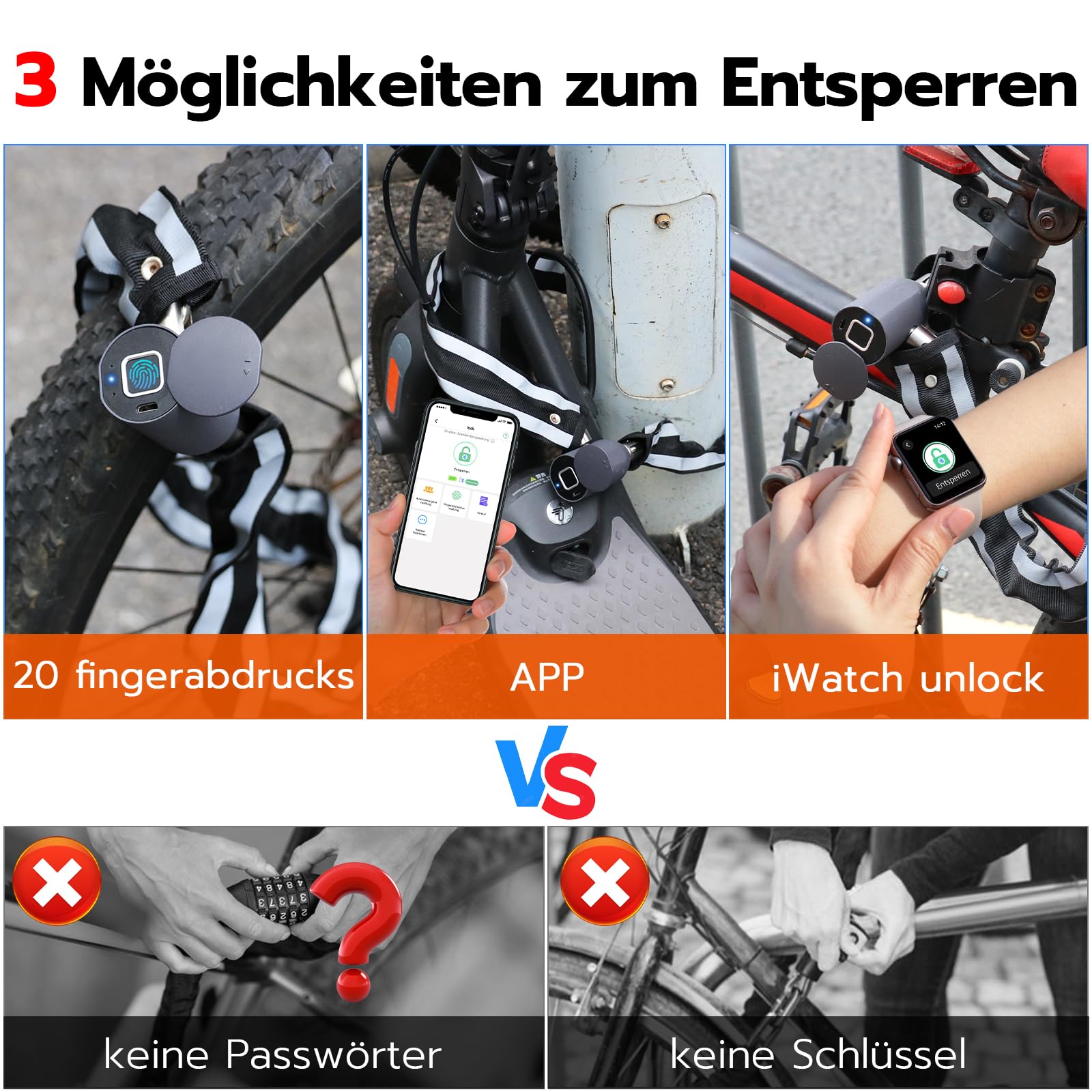 Eseesmart Serratura a catena per bicicletta, con impronte digitali, con app per telefono, lunghezza 100 cm, impermeabile, senza chiave