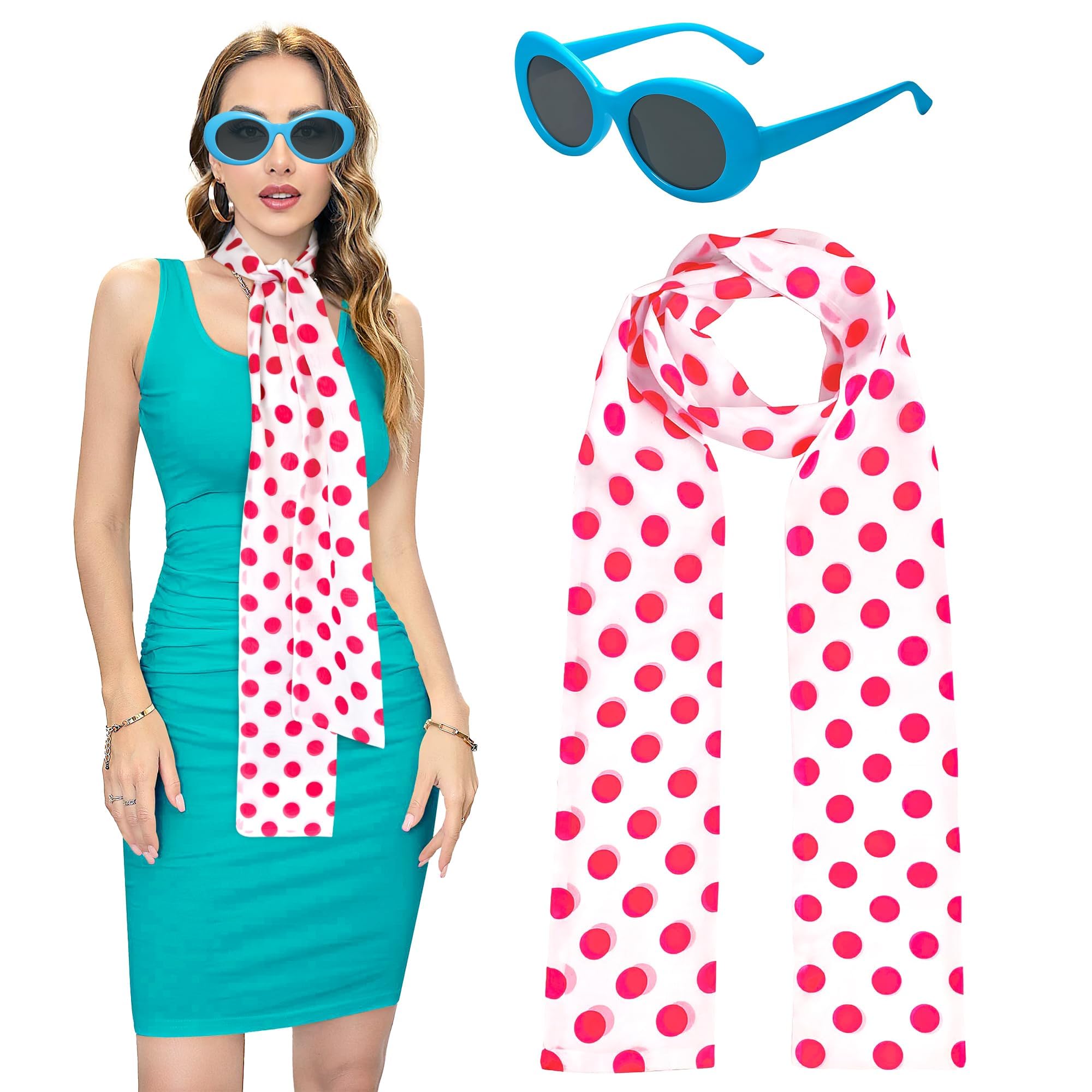 – Pink Polka Dot Scarf with Blue Frame Polarized Sunglasses, Lucy Costume Accessories, 50s Costumes, for Women Girls for Cosplay Fancy Dress
