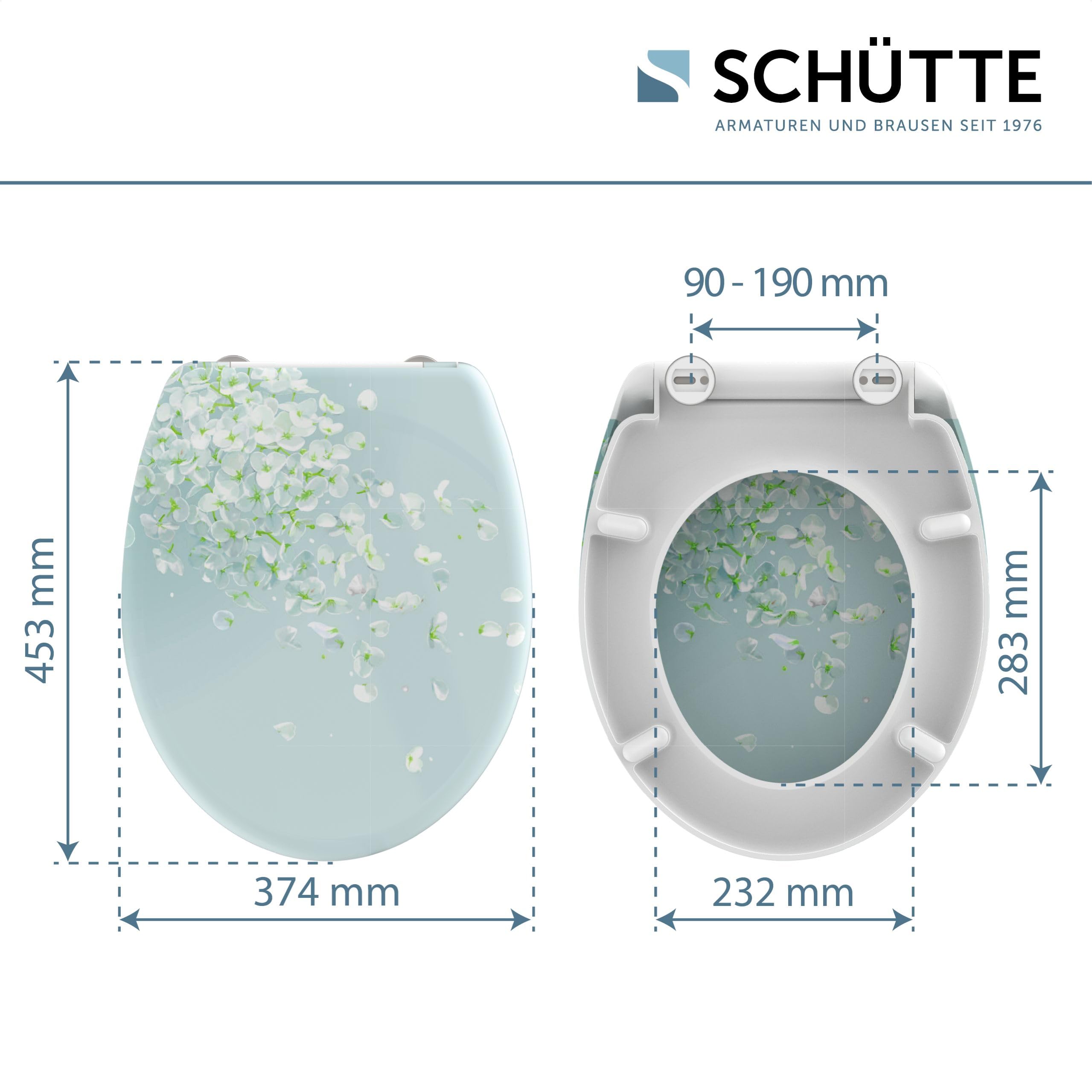 Schütte Abattant WC avec Frein de Chute Déclipsable - Flower in the Wind | Duroplast résistant aux rayures, lunette WC frein de chute silencieux, compatible cuvette WC suspendue et sur pieds