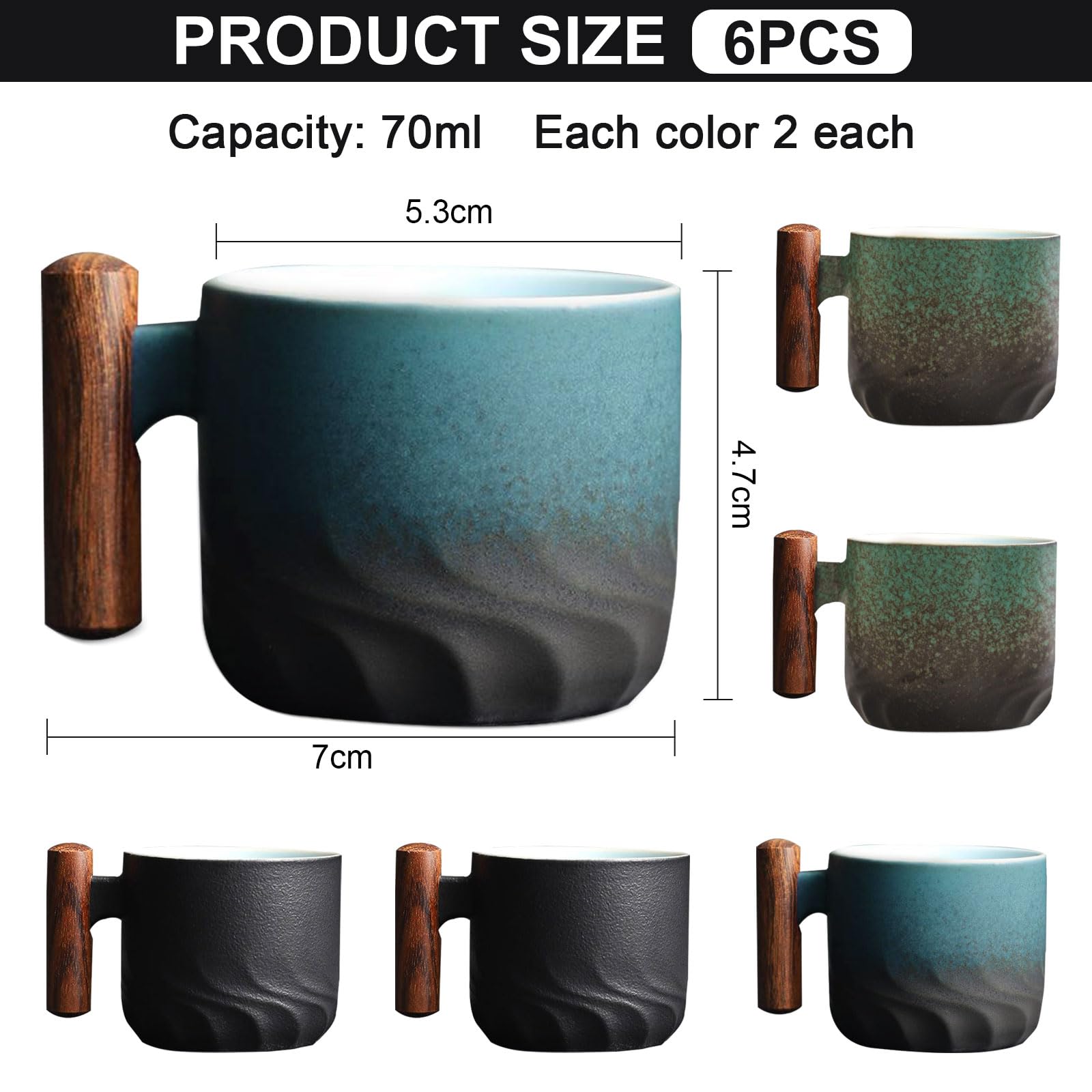 Lot de 6 Tasses à Expresso (6 x 70 ml) Tasse a Cafe Céramique Tasse Expresso avec Anse en Bois, Ensemble Tasse a Cafe Petite Tasse à Café pour Espresso, Thé (Lot de 6 - Noir Bleu Vert)
