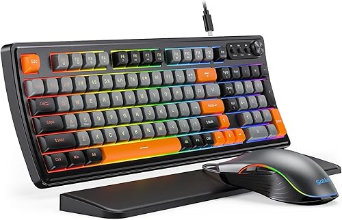 SABLUTE Teclado y mouse para juegos, teclado de membrana silencioso con sensación mecánica retroiluminada RGB, teclados para juegos de PC, perilla