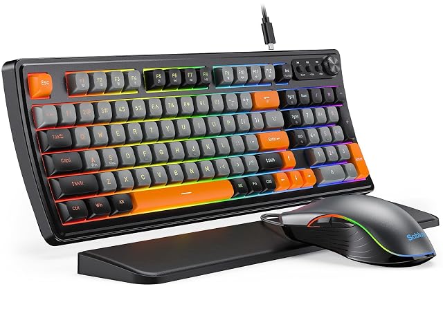 SABLUTE Gaming Keyboard and Mouse Quiet Membrane Keyboard with RGB Backlit Mechanical Feel PC Gaming Keyboards Multimedia Knob