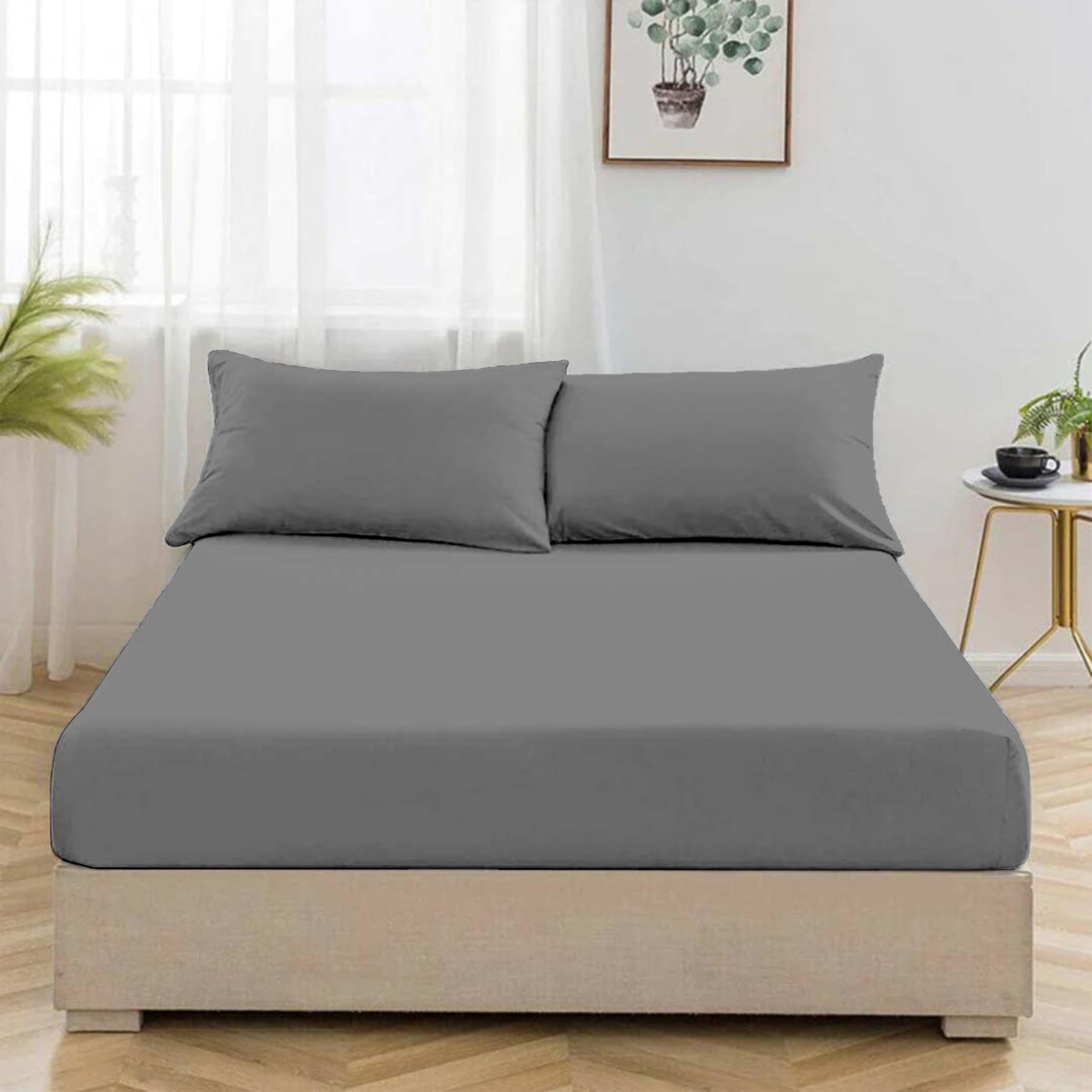 Egypto Bedding Grey Egypto Percale King Size Fitted Sheet - 40-Cm Extra Deep Fitted Sheet With All-Around Elastic - Breathable, Wrinkle Resistant, Anti-Allergy Bed Sheet (King Bed Fitted Sheets, )