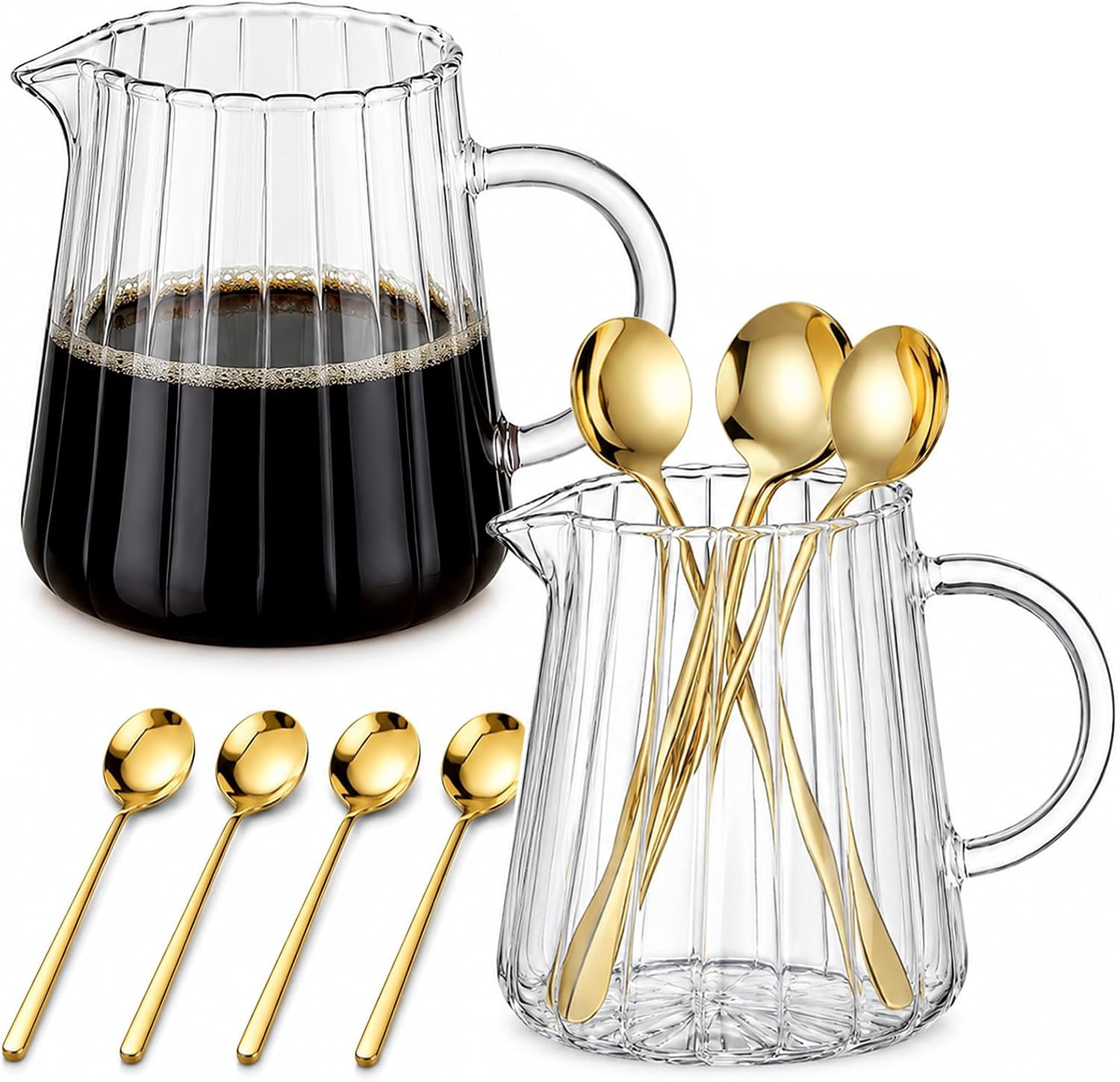 2 Pcs Elegant Wave Shaped Glass Pitcher, 250ml/8.5oz Creamer Pitchers, Glass Milk Frothing Pitchers, Small Milk Frother Cup, Serving Jug with 12 Gold Coffee Spoons for Coffee Milk Tea Sauce