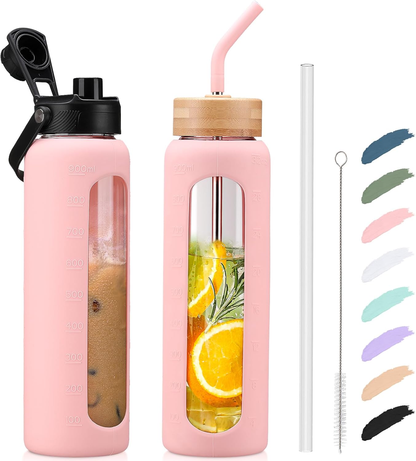 Kodrine Water Bottle with Straw, 24 oz Glass water Bottle with 2 Lids Bamboo Straw Lid and Spout Lid with Handle, 32 oz Clear Water Bottle Glass for Sports Travel, Waterbottle with Time Marker