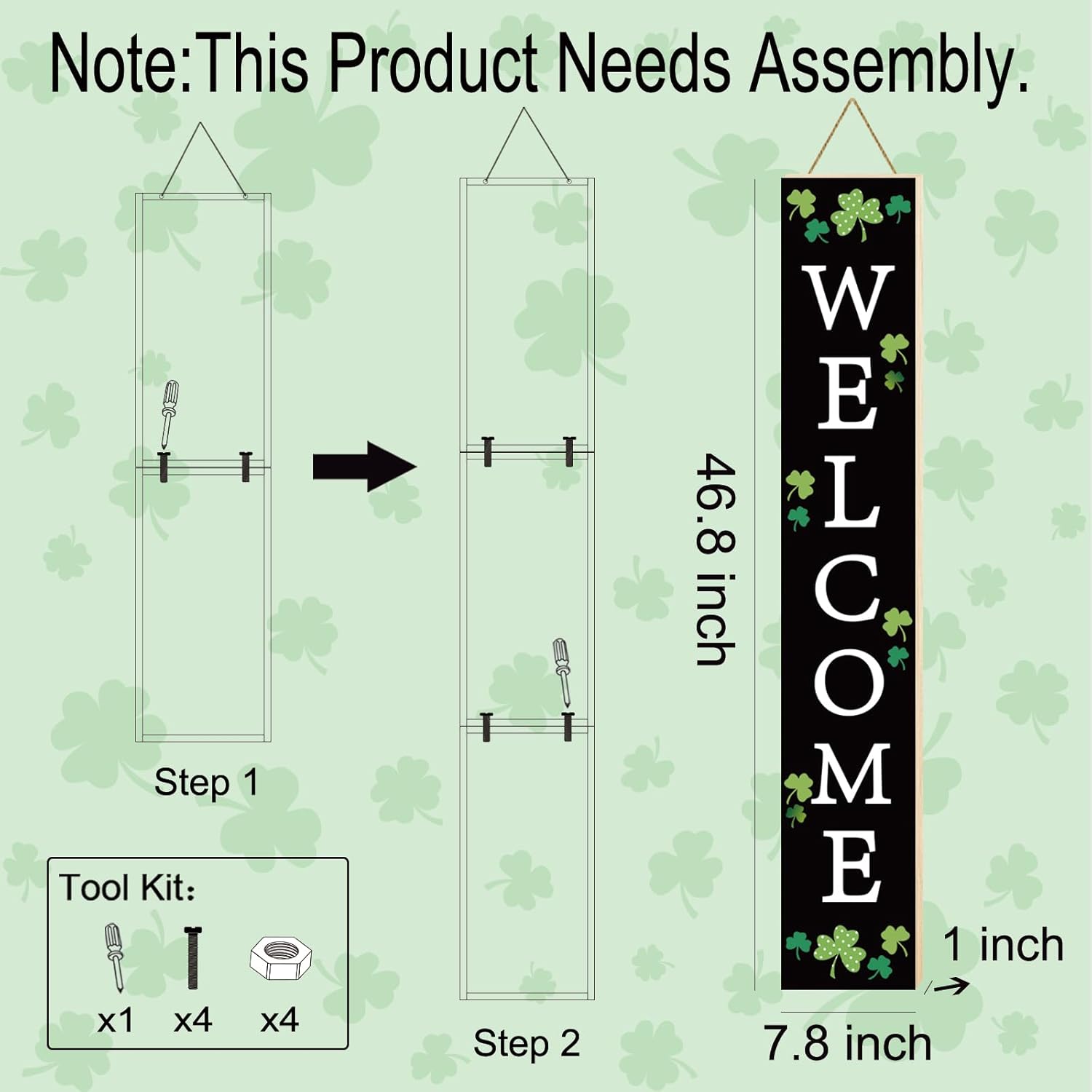 St Patricks Day Porch Decor St Patricks Day Porch Sign Shamrocks Outdoor Decorations Welcome Sign for Front Door Wooden Door Decorations Indoor Outside 46.8 Inch - Image 2