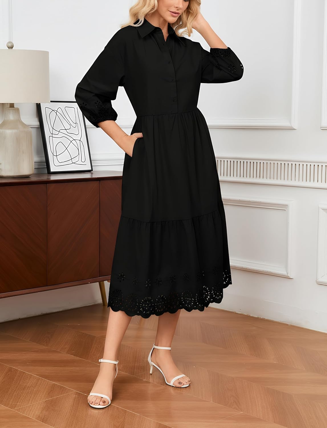 Ladyful Elegant Cotton Shirt Dress for Women Button Down 3/4 Sleeve Hollowed Out Eyelet Flowy Midi Maxi Dress - Image 2