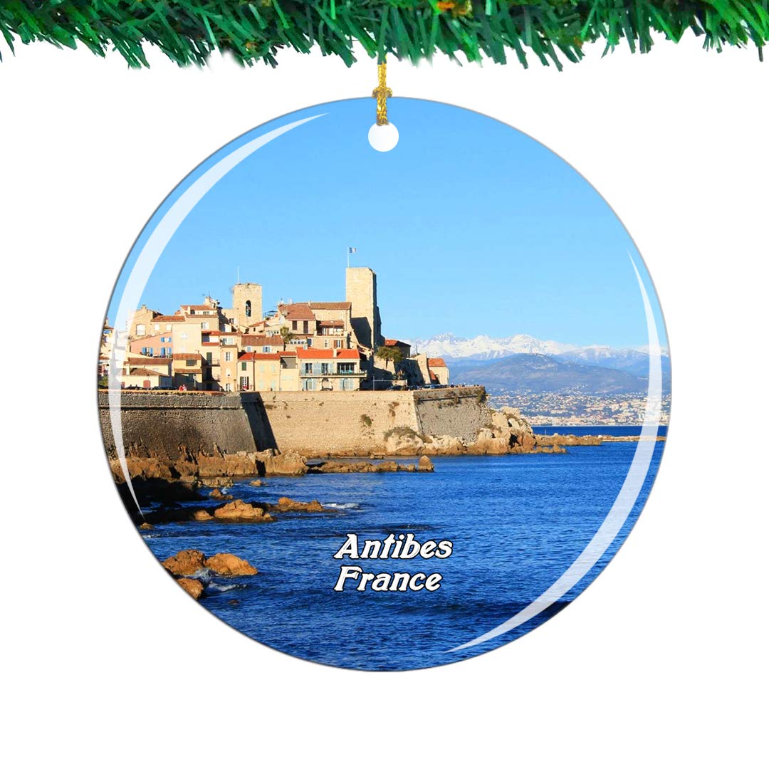 Weekino Ornament-881 France Old Town Juan-Les-Pins Antibes Christmas Ornament City Travel Souvenir Collection Double Sided Porcelain 2.85 Inch Hanging Tree Decoration