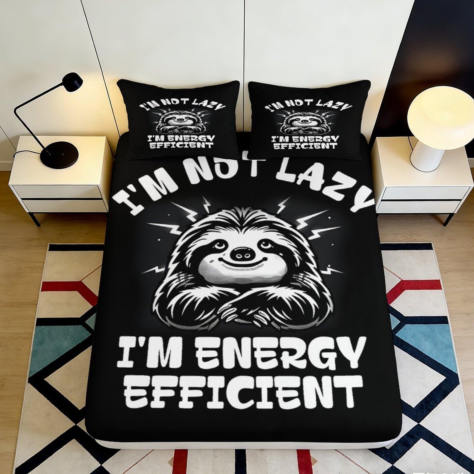 3D Printed Sloth Cartoon Fitted Sheet Microfiber Black I'm Not Lazy Mattress Cover for Bedroom Dorm Decor Easy Care 140x200x25cm