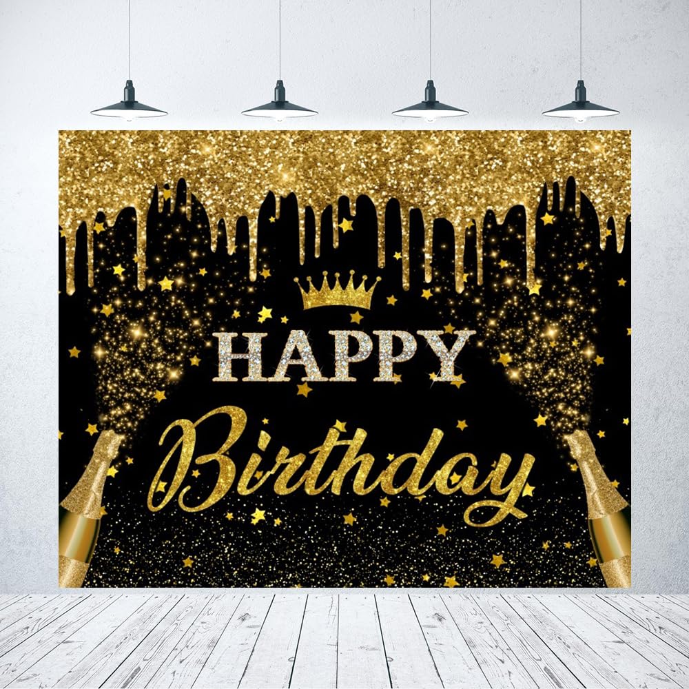 Pancarta de fondo de feliz cumpleaños de 10 x 8 pies con purpurina negra y dorada, fondo de fotografía de feliz cumpleaños, pancarta de feliz cumpleaños para hombres y mujeres, telón de fondo de