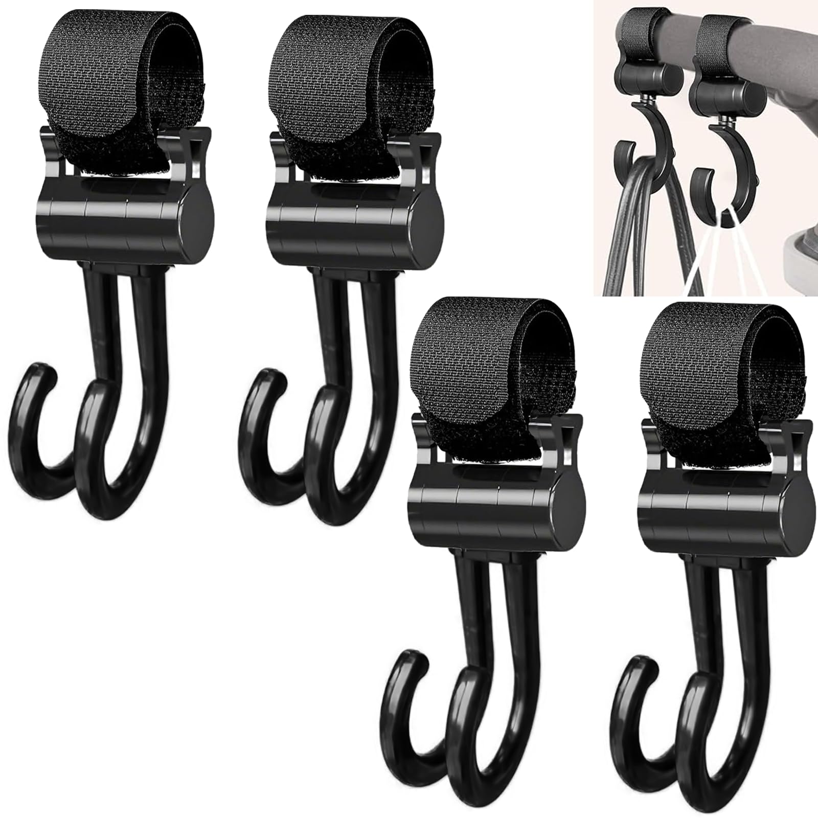 4Pcs Pram Hooks for Bags, Pram Clips for Buggy, 360° Rotation Adjustbale Buggy Clips Pushchair Accessories for Rollator Stroller Wheelchairs Mobility Scooter, Luggage Hook Universal Fit, Double-Hook