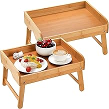 Lawei 2 Pack Bamboo Bed Tray Table with Foldable Legs, Portable Lap Tray Table for Serving Breakfast in Bed, Food Snack Tray for Bed, Sofa, Outdoor, Working, Eating, Drawing, Ideal for Kids, Adult