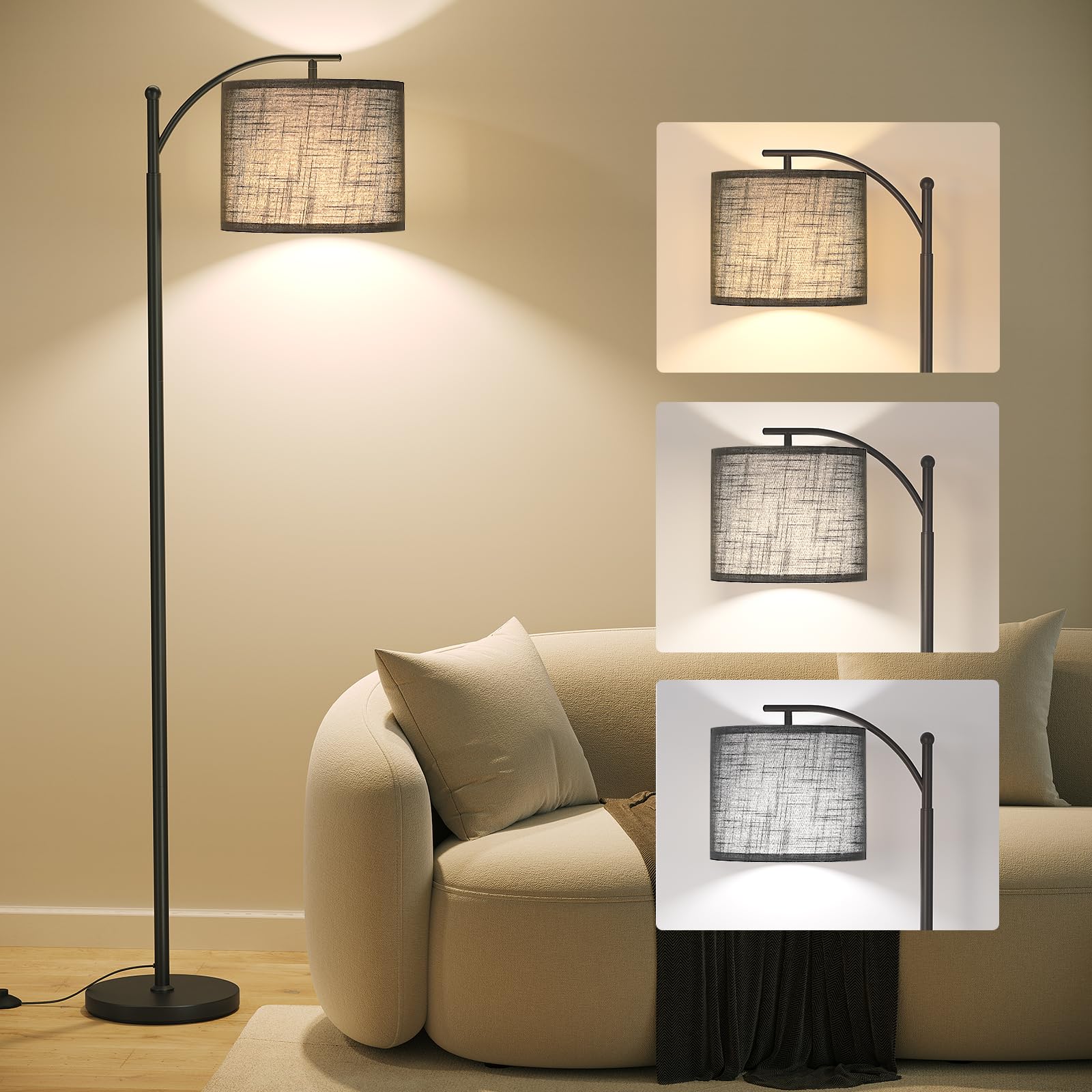 SUNMORY Arc Floor Lamp, Modern Floor Lamp with 9W 3 Color Temperatures Bulb, Metal Standing Lamps with Adjustable Hanging Lampshade, Tall Floor Lamps for Living Room, Bedroom, Office