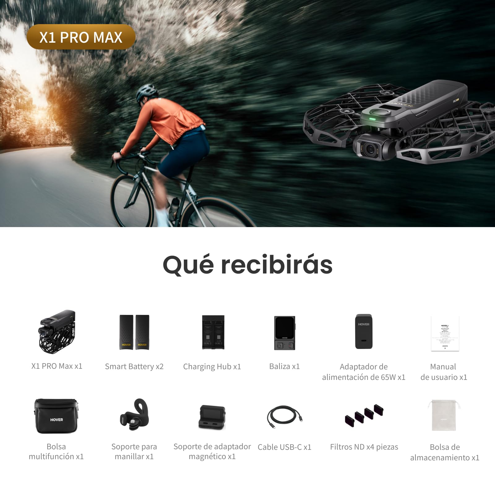 HOVERAir X1 PROMAX Dron con Camara, 192g Cámara Deportiva 8K Plegable con 15 Modos Automáticos, Seguimiento 42 km/h, Vuelo OmniTerrain,Detección de Colisiones,Autónomo para Deportes(Combo de Ciclismo)