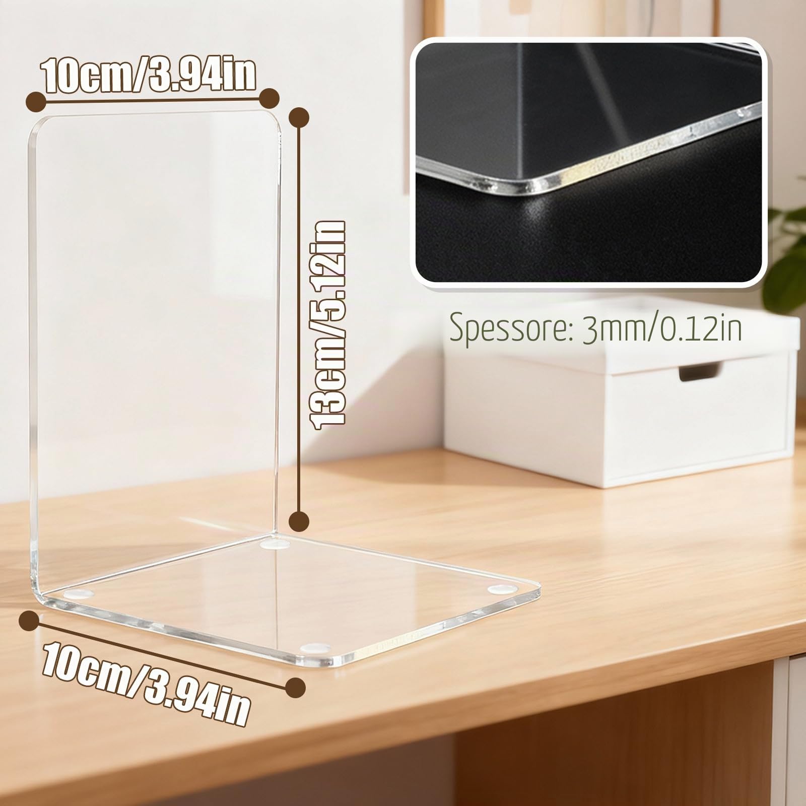 Fermalibri in Acrilico Trasparente 6 Pezzi con Tappetini Antiscivolo, Spessore 3 mm, 10x10x13 cm per Libreria