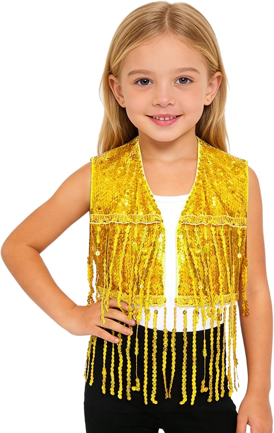 FEESHOW Sequins Tassels Jazz Dance Vest Sleevless Open Front Jacket Sparkly Rivet Cowgirl Waistcoat