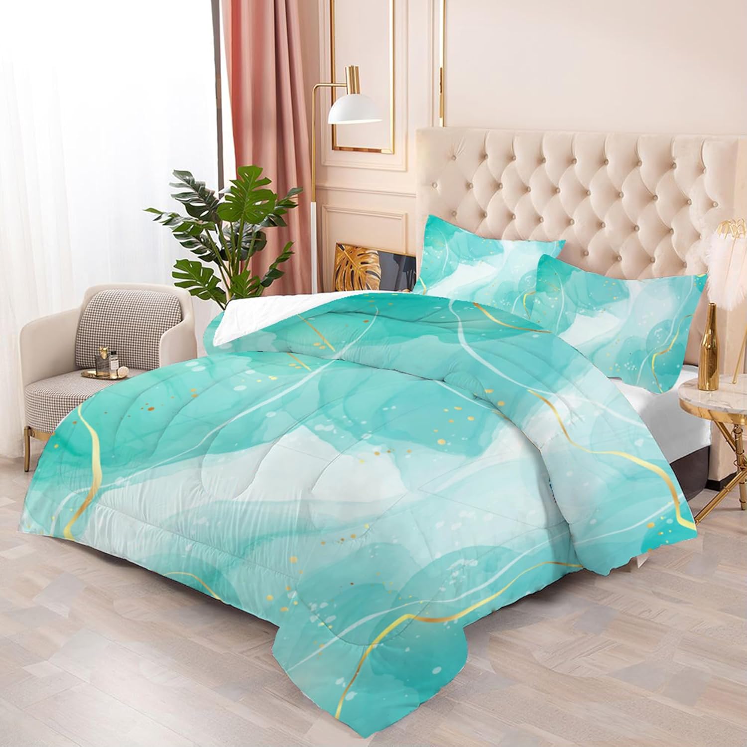 Teal Twin Bedding Set: Aqua Teal Marble Comforter Set for Teens Girls Women Abstract Cyan Blue Quilts Green and Gold Glitter Marbling Bed Sets 1 Comforter & 1 Pillow Case