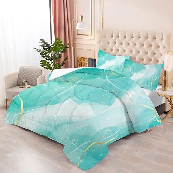 Teal Comforter Set Queen: Blue Green Marble Bedding Sets for Women Girls Boys Bedroom Luxury Cyan Blue Quilt Abstract Gold Bed Set 1 Comforter & 2 Pillowcases