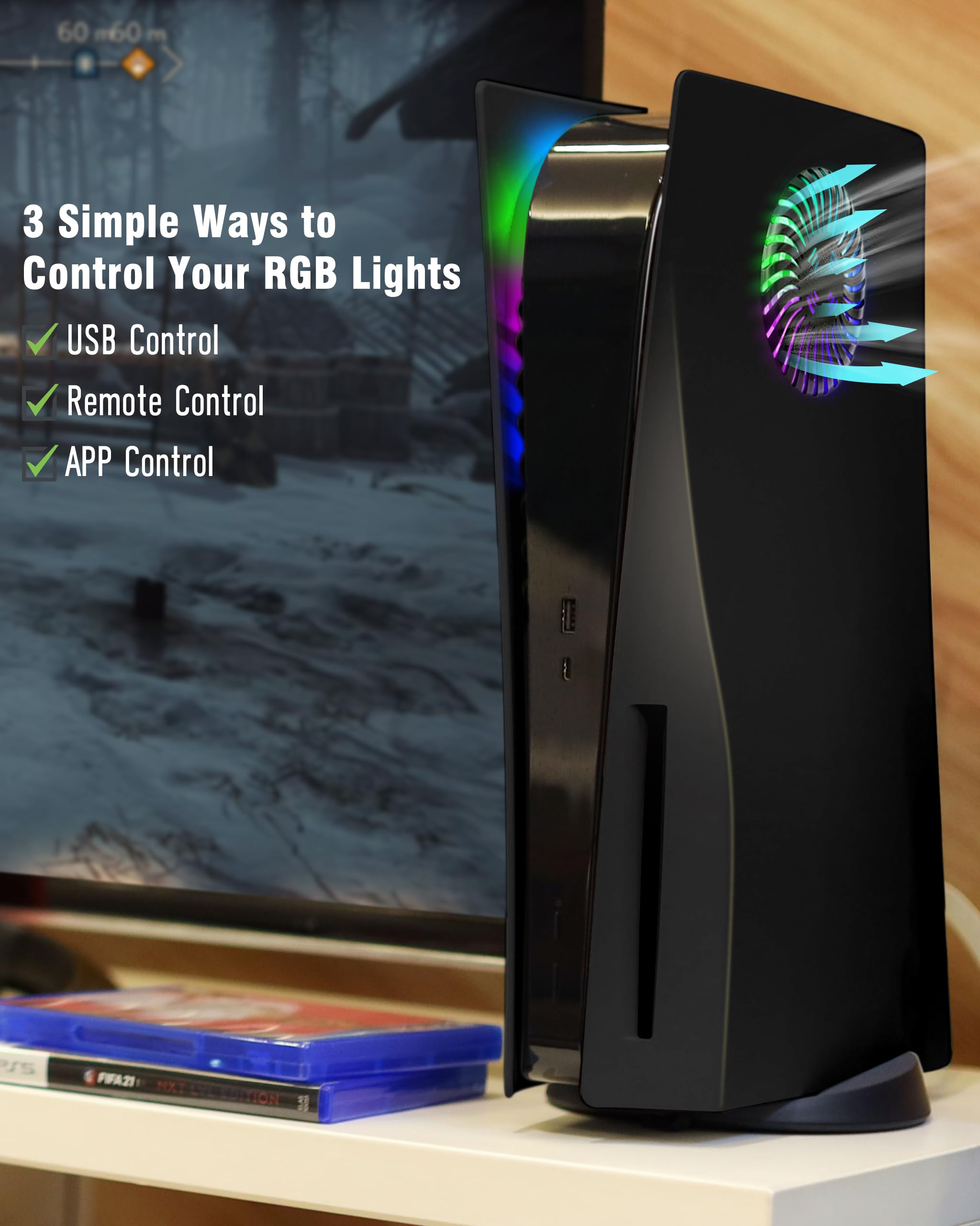 Joso Faceplate Shell Cover mit RGB-LED-Lichtstreifen für PS5 Disc Edition, ABS Anti-Scratch staubdicht Ersatz Faceplate Shell Case mit Lüfterschlitzen, Musik-Sync mit 8 Farben 400 + Lichteffekte