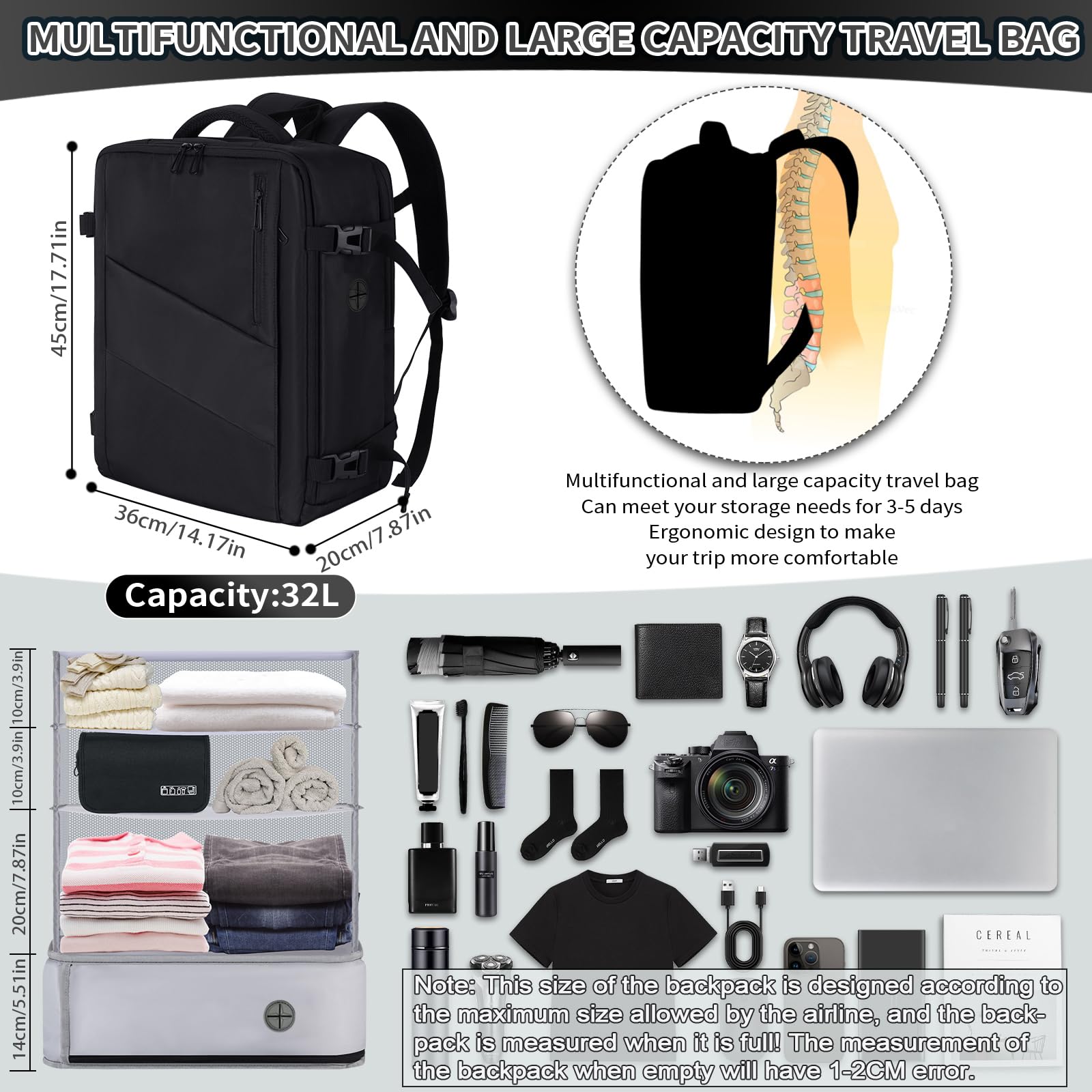 VOESLD Organizer Zaino da Viaggio 45x36x20 per Easyjet, Organizer Zaino da Viaggio Aereo Bagaglio a Mano da Appendere Zaino Porta PC Nero Impermeabile