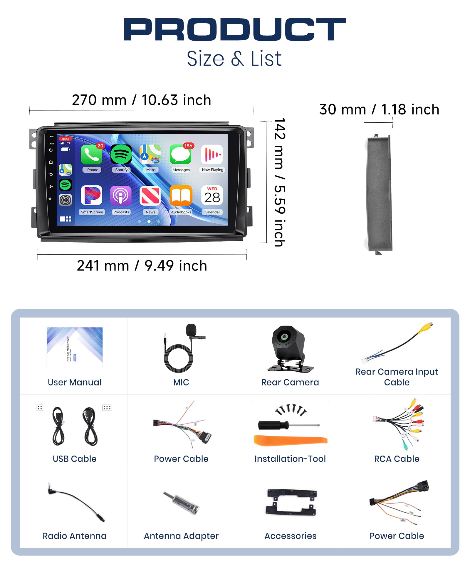 Rimoody Radio Coche para Mercedes Benz Smart Fortwo 451 2005-2010 Carplay Inalámbrico, 9 Pulgadas Touchscreen, Android Auto, Mirror Link, Bluetooth, FM/RDS, DSP, Controles al Volante Cámara Trasera