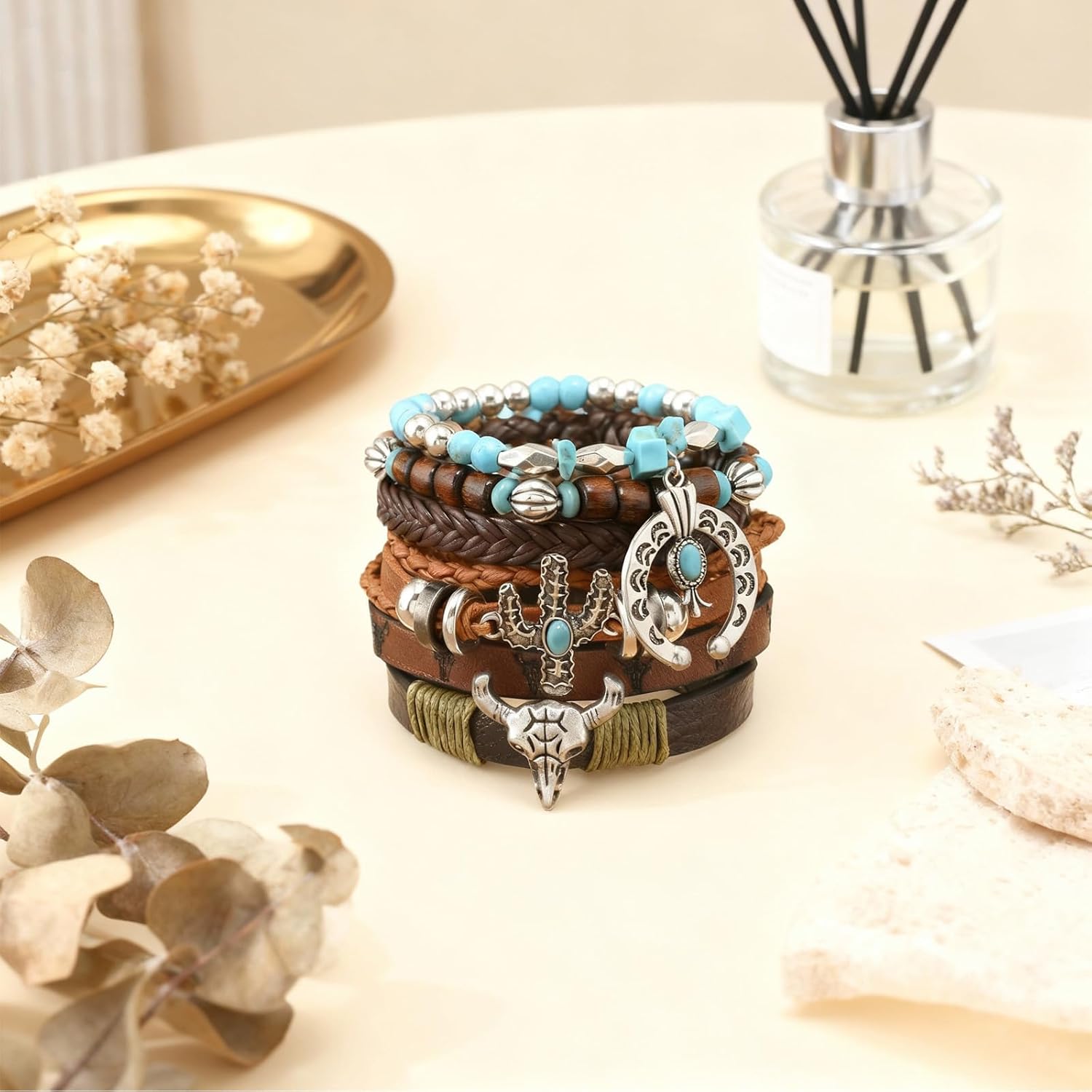 Western Bracelet for Women,Bohemian Cowgirl Turquoise Beaded Stretch Bracelets,Vintage Stackable Bull Head Cowboy Boots Feather Bracelets Set,Country Ethnic Western Jewelry Accessories for Women Men - Image 8