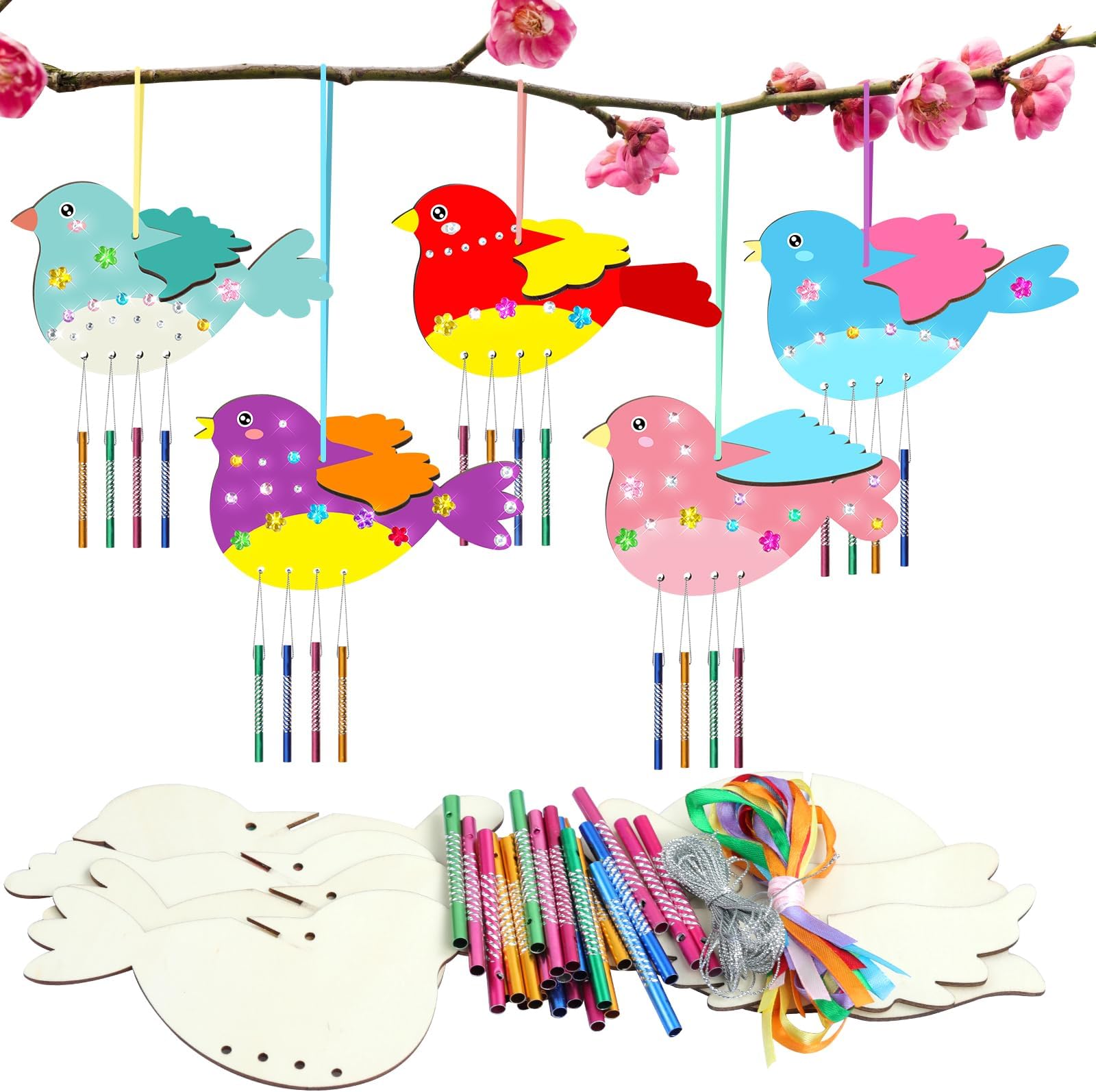 10Pack 3D Bird Wind Chime Kit for Kids Spring Make Your Own Bird Wind Chime Make a Wind Chime Kit DIY Coloring Wooden Arts and Crafts for Girls Boys Toddles Home Garden