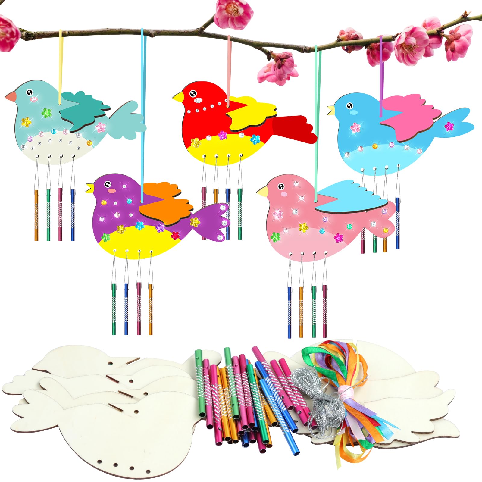 TREACLUB 10Pack 3D Bird Wind Chime Kit for Kids Spring Make Your Own Bird Wind Chime Make a Wind Chime Kit DIY Coloring Wooden Arts and Crafts for Girls Boys Toddles Home Garden