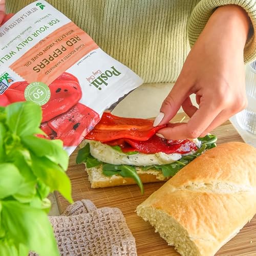 POSHI Flame Roasted Red Peppers in Extra Virgin Olive Oil Natural, Keto, Vegan, Non GMO, Low Carb + Calorie, Gluten Free, Ready to Eat, Fully Cooked Vegetables, Pentry Food, Gourmet, 6 Pack, 5.4 oz - Thumbnail 4