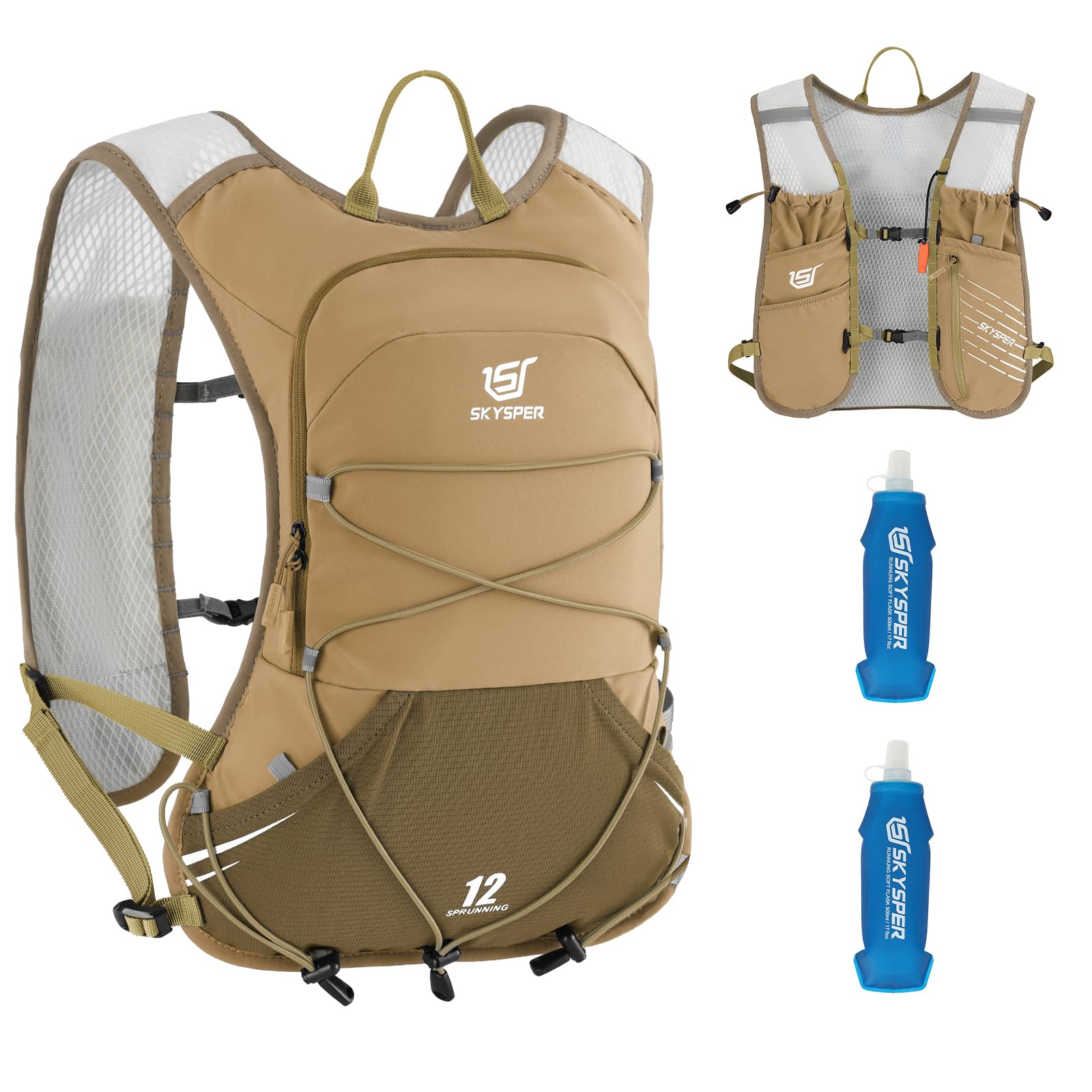 SKYSPER Kamizelka do biegania, 12 l, plecak do picia z 2 miękkimi butelkami, 500 ml, plecak do biegania, trailrunningu, kamizelka do biegania, wędrówek, maratonu, dla kobiet i mężczyzn
