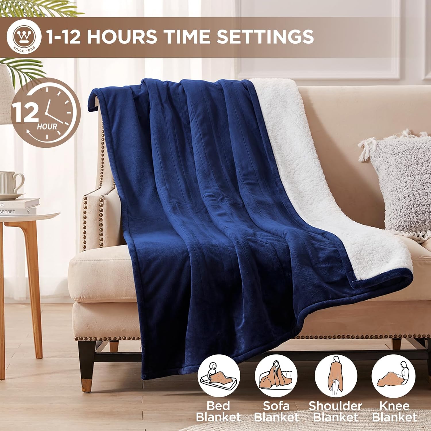 Westinghouse Electric Blanket Heated Throw | 6 Heating Levels & 4 Hours Auto Off | Flannel to Sherpa Reversible 50x60 | Machine Washable, Navy Blue - Image 3