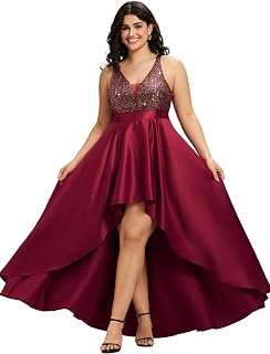 Women's Elegant V Neck Sleeveless High Low A Line Sequin Satin Plus Size Cocktail Formal Dresses