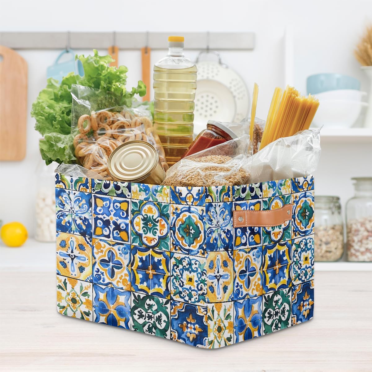 Storage Baskets for Shelves Ethnic Mexican Tile Pattern Foldable Decorative Storage Basket Bins with Handles Storage Basket Box for Home, 2 Pcs