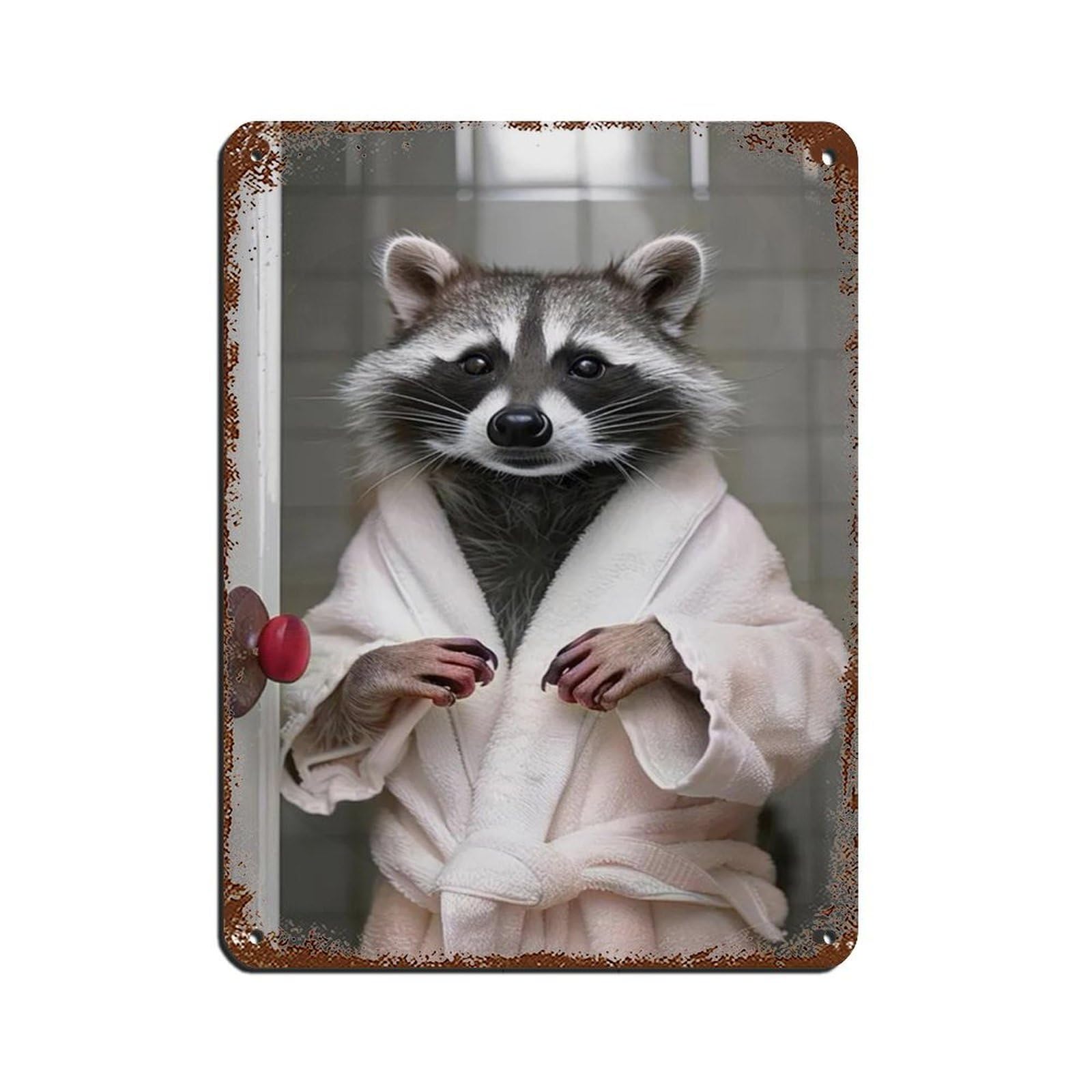 Funny Raccoon in Bathrobe, Bathroom Art Retro Poster Metal Tin Sign Chic Art Retro Iron Painting Bar People Cave Cafe Family Garage Poster Wall Decoration 12x16inch(30x40cm)