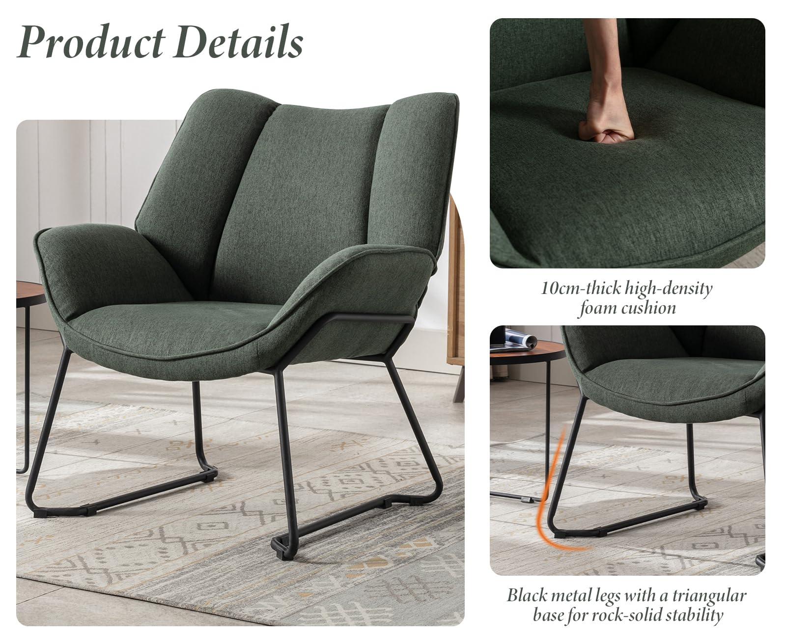 Ya-Home Poltrona Imbottita Sedia da Salotto Moderno con Gambe in Metallo Poltroncine Salotti in Tessuto di Lino Poltroncina con Braccioli per Camera da Letto/Soggiorno, Verde