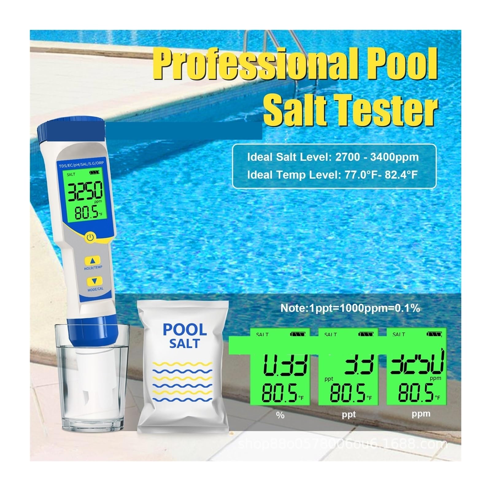 Probador de calidad del agua 7 en 1, salinidad PH EC TDS y medidor específico for acuario piscina,Extensamente probado