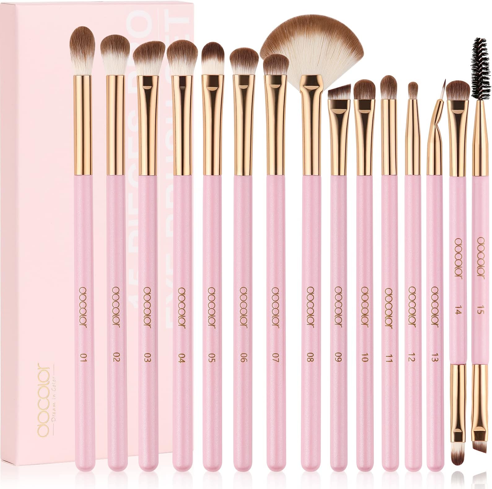 Eyeshadow Brushes Docolor Eye Makeup Brushes 15pieces Professional Eye Makeup Brush Set with Premium Wooden Handles for Eyeshadow, Concealer, Eyebrow, Eyelash and Eye Liners Neon (Pink, 15pcs)