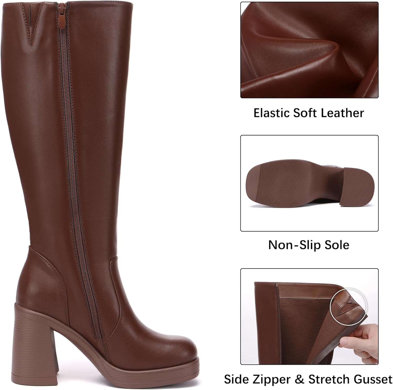 Women's Knee High Boots High Heel Platform Tall Boots Fall Square Toe Chunky Heeled Gogo Boots Brown Boot 8.5