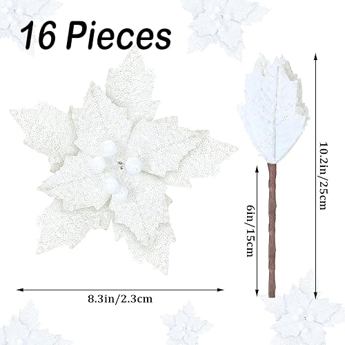 Miniatura 2 de Waydress 16 piezas de flores de Pascua artificiales con purpurina para árbol de Navidad, decoración de Navidad con tallo, corona de Navidad
