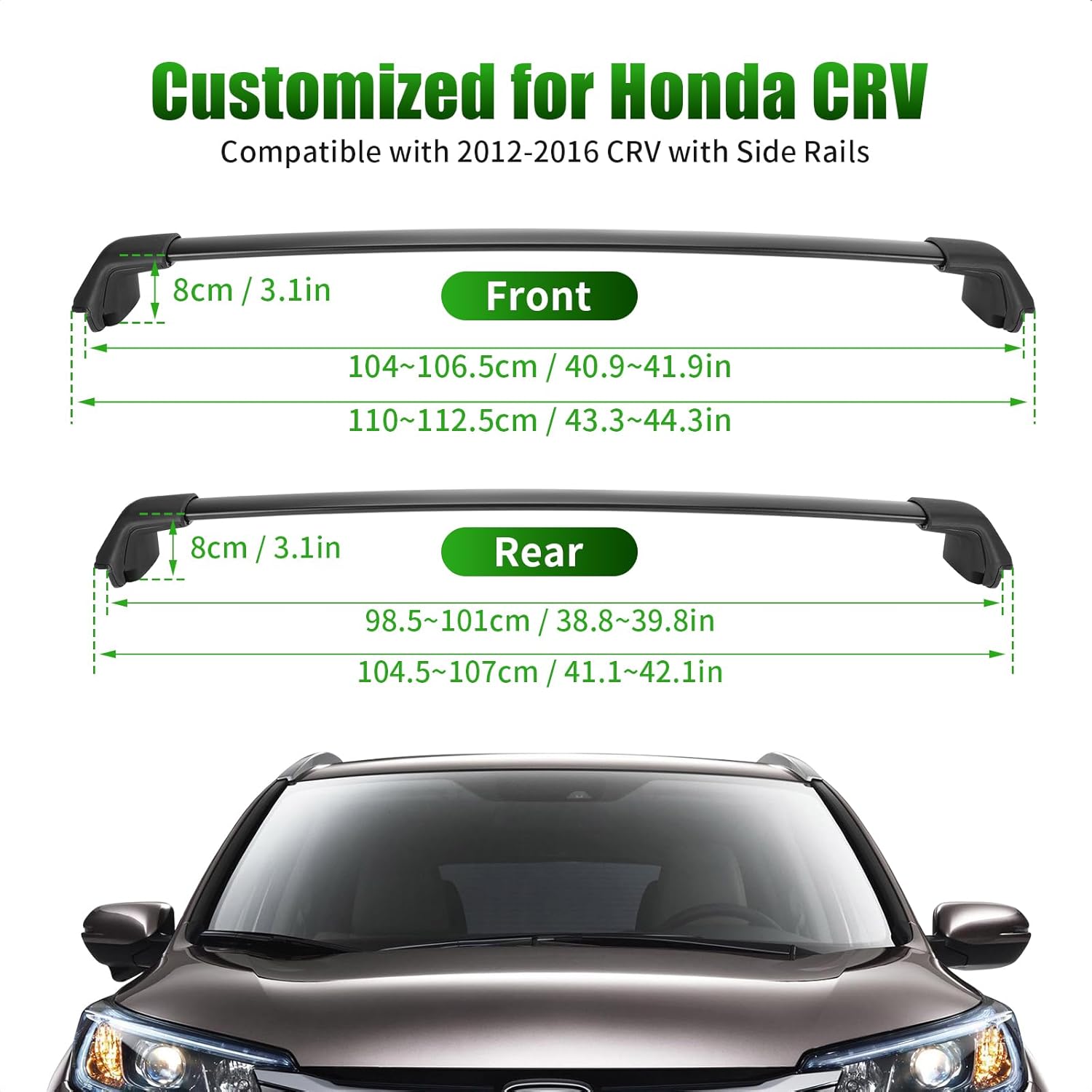 Diagram showing front and rear cross bar dimensions for Honda CRV.