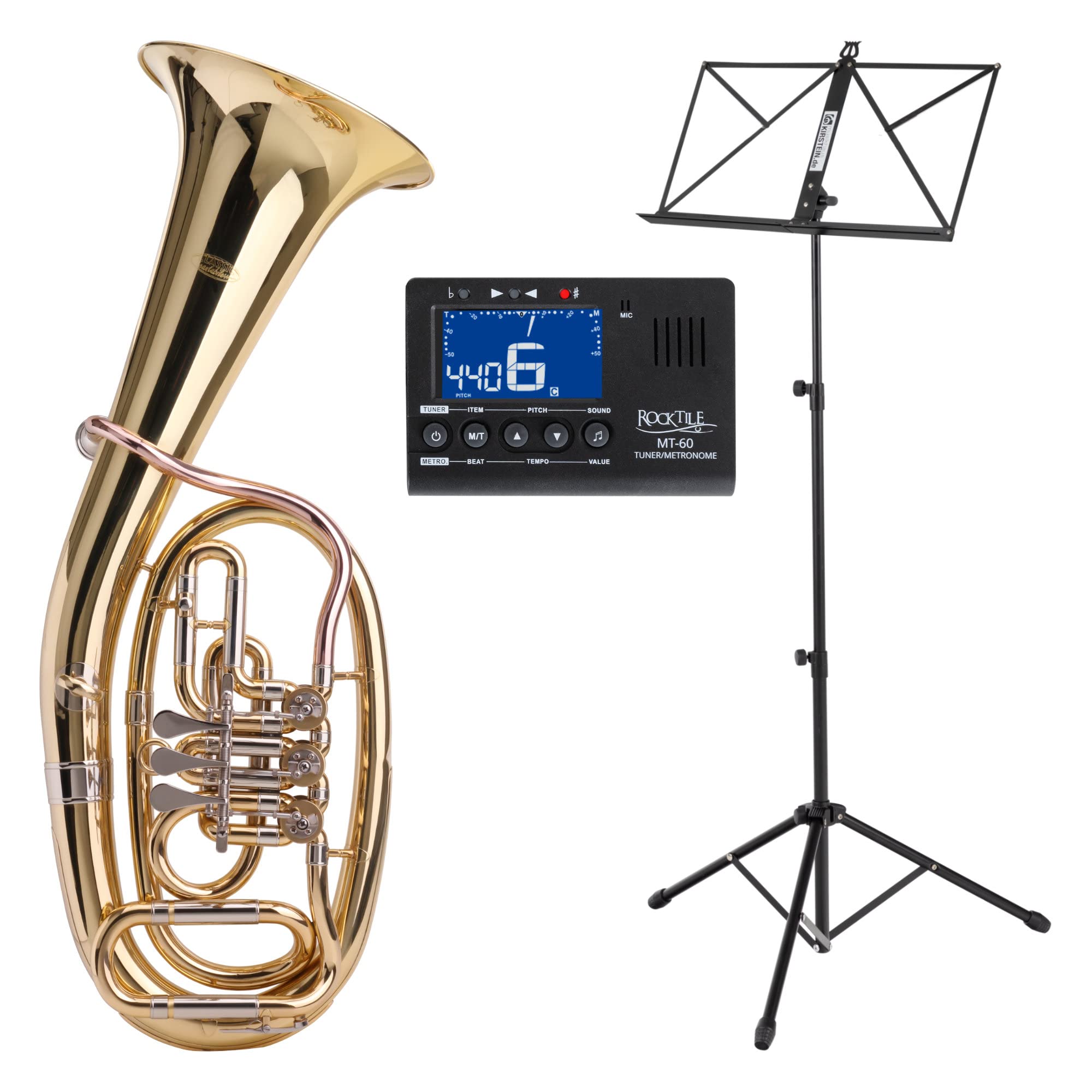 Classic Cantabile TH-38 Tenorhorn Set (Bb-Stimmung, Korpus: Messing, Außenzüge: Neusilber, 3 Drehventile) mit Koffer, Mundstück, Stimmgerät/Metronom und Notenständer