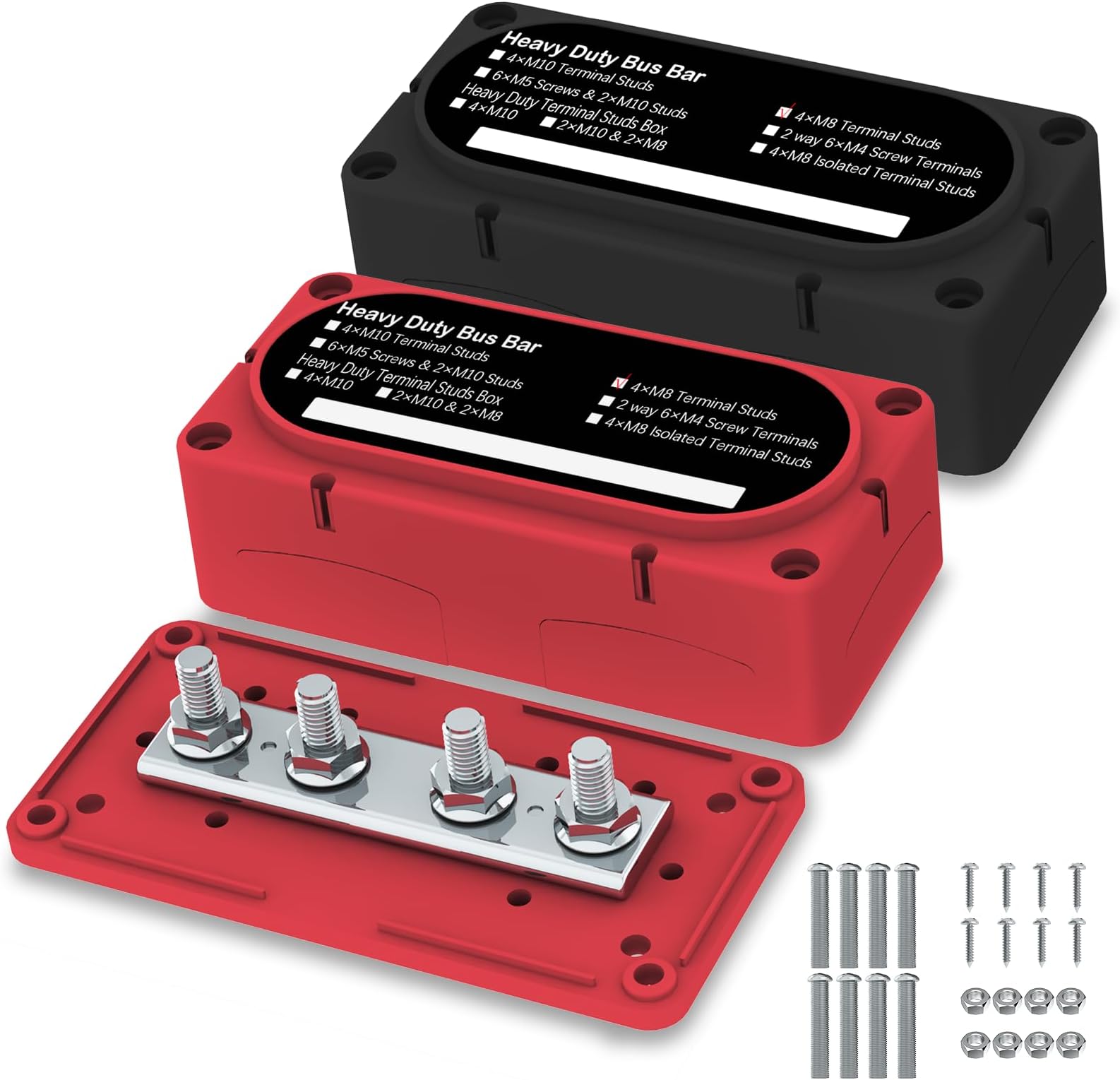 Heavy Duty Bus Bar 300A 12V Power Distribution Block with 5/16" (M8) 4-Posts Terminals Block with Cover for Automotive, Marine, Battery System (Black & Red)
