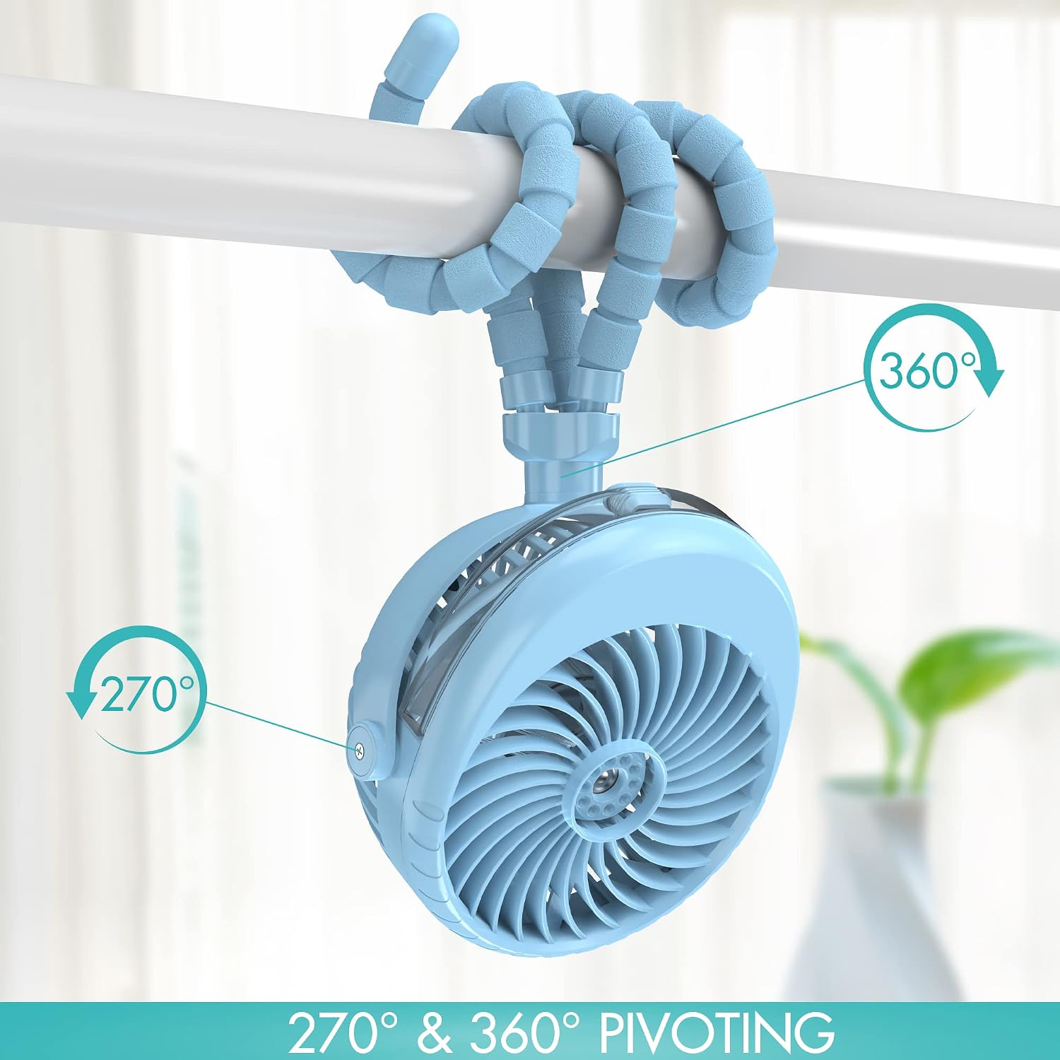 Misting Stroller Fan, 2500mAh Battery Powered Personal Desk Air Circulator Fan with Flexible Tripod, Ultra Quiet 3 Speed 270° & 360° Rotatable USB Fan for Stroller Office Camping Hurricane Outage,Blue